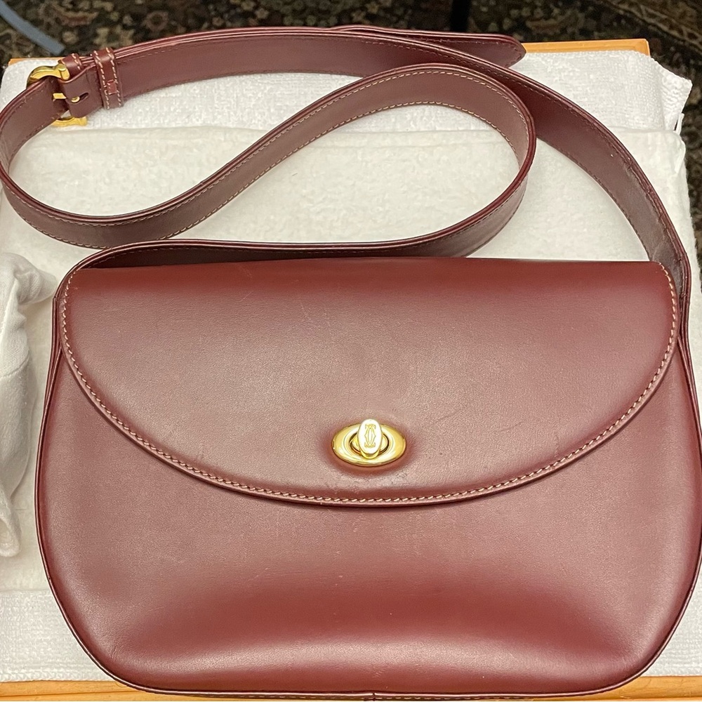 Cartier Authentic Vintage Deep Red Leather Shoulder Bag w/ Adjustable Strap - Picture 3 of 17